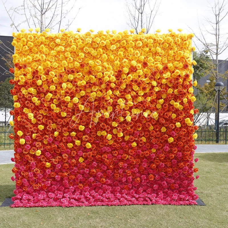 Aperturee - Aperturee Vibrant Ombre Rose Artificial Flower Wall Backdrop Yellow Orange Pink for Wedding and Party Photography