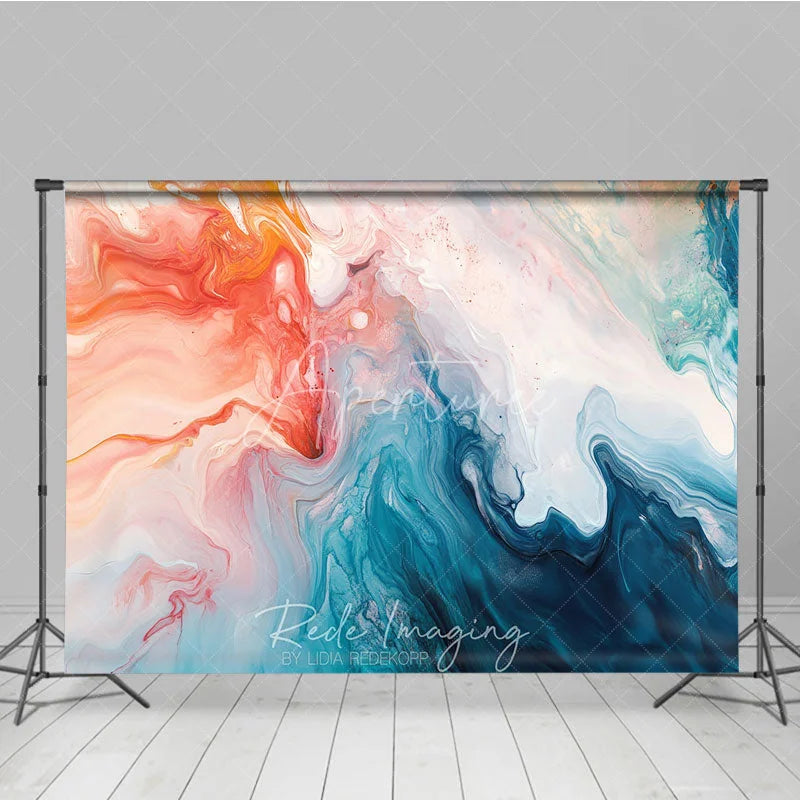 Aperturee - Aperturee Vibrant Orange and Blue Abstract Fluid Art Photography Backdrop Modern Marble Swirl Design for Studio Portraits