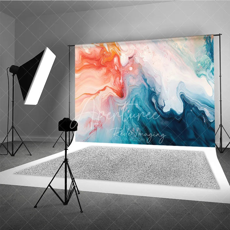 Aperturee - Aperturee Vibrant Orange and Blue Abstract Fluid Art Photography Backdrop Modern Marble Swirl Design for Studio Portraits