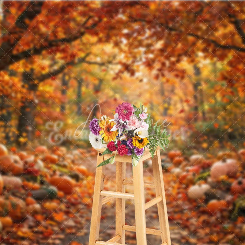 Aperturee - Aperturee Vibrant Orange and Red Autumn Forest Path Photography Backdrop Rustic Pumpkins and Fall Leaves Harvest Season Decor