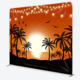 Aperturee - Aperturee Vibrant Orange Sunset with Palm Trees and String Lights Square Double-Sided Backdrop Tropical Summer Party Decor
