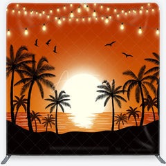 Aperturee - Aperturee Vibrant Orange Sunset with Palm Trees and String Lights Square Double-Sided Backdrop Tropical Summer Party Decor