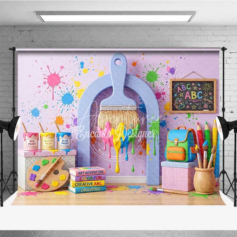 Aperturee - Aperturee Vibrant Paint Splatter Photography Backdrop featuring Art Supplies School Elements and Creative Fun