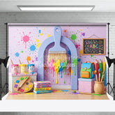 Aperturee - Aperturee Vibrant Paint Splatter Photography Backdrop featuring Art Supplies School Elements and Creative Fun