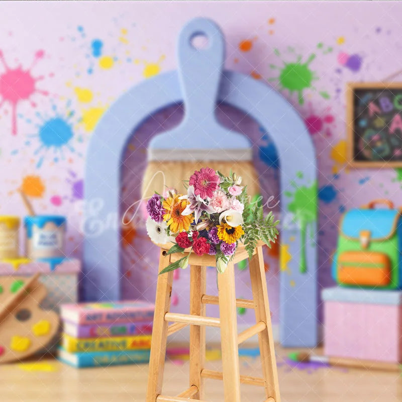 Aperturee - Aperturee Vibrant Paint Splatter Photography Backdrop featuring Art Supplies School Elements and Creative Fun