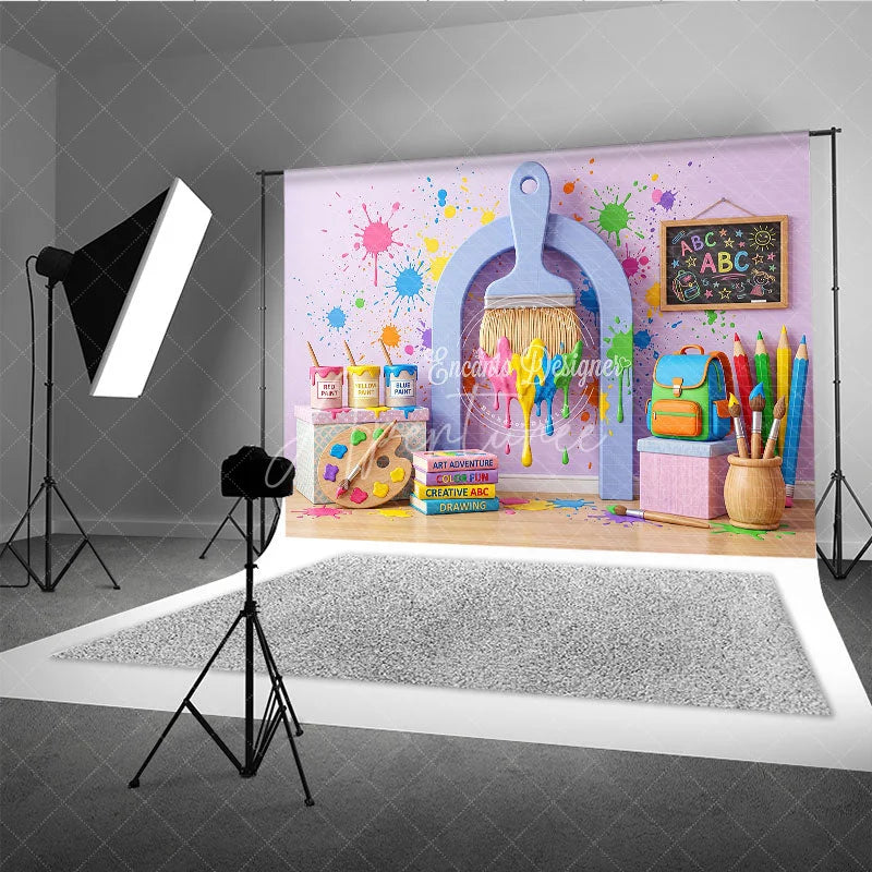 Aperturee - Aperturee Vibrant Paint Splatter Photography Backdrop featuring Art Supplies School Elements and Creative Fun