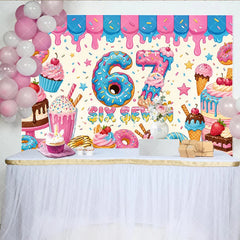 Aperturee - Aperturee Vibrant Pink and Blue Donut Number 6 7th Birthday Backdrop with Sweet Dessert Candy Theme Kids Party Decor.