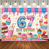 Aperturee - Aperturee Vibrant Pink and Blue Donut Number 6 7th Birthday Backdrop with Sweet Dessert Candy Theme Kids Party Decor.