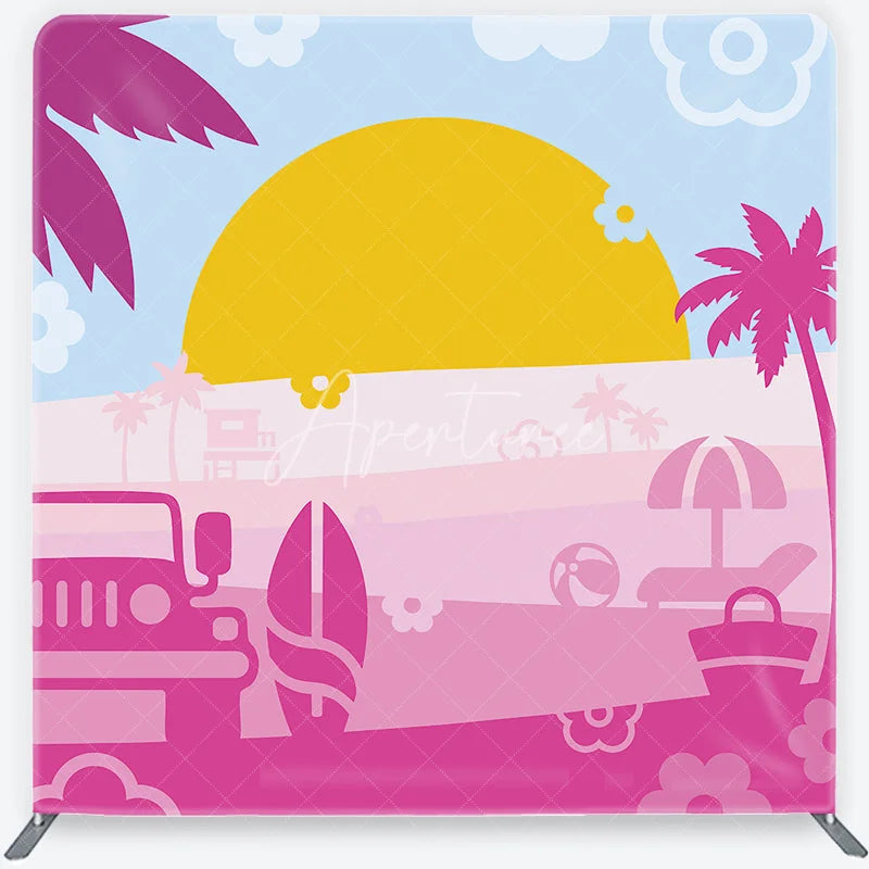Aperturee - Aperturee Vibrant Pink and Blue Summer Beach Square Double-Sided Backdrop featuring a Jeep and Surfboard
