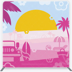 Aperturee - Aperturee Vibrant Pink and Blue Summer Beach Square Double-Sided Backdrop featuring a Jeep and Surfboard