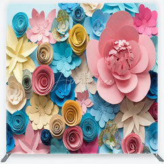 Aperturee - Aperturee Vibrant Pink Blue Yellow Paper Flowers Square Double-Sided Backdrop Artistic Floral Craft Theme Decor