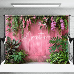Aperturee - Aperturee Vibrant Pink Wooden Wall with Lush Tropical Foliage and Pink Orchid Flowers Photography Backdrop Elegant Nature Theme