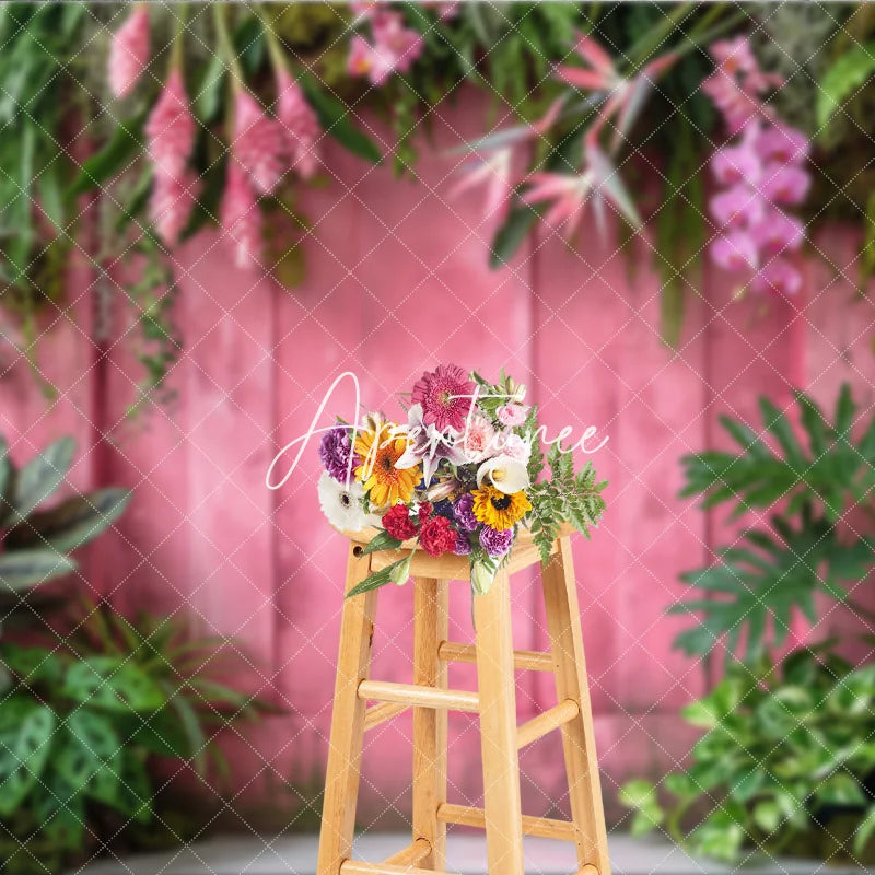 Aperturee - Aperturee Vibrant Pink Wooden Wall with Lush Tropical Foliage and Pink Orchid Flowers Photography Backdrop Elegant Nature Theme