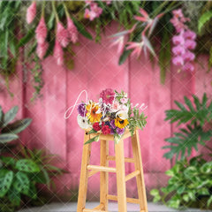 Aperturee - Aperturee Vibrant Pink Wooden Wall with Lush Tropical Foliage and Pink Orchid Flowers Photography Backdrop Elegant Nature Theme