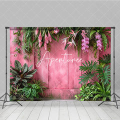 Aperturee - Aperturee Vibrant Pink Wooden Wall with Lush Tropical Foliage and Pink Orchid Flowers Photography Backdrop Elegant Nature Theme