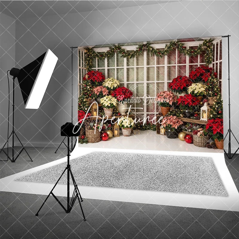 Aperturee - Aperturee Vibrant Poinsettia and Christmas Tree Holiday Backdrop Festive Winter Window Scene for Photography