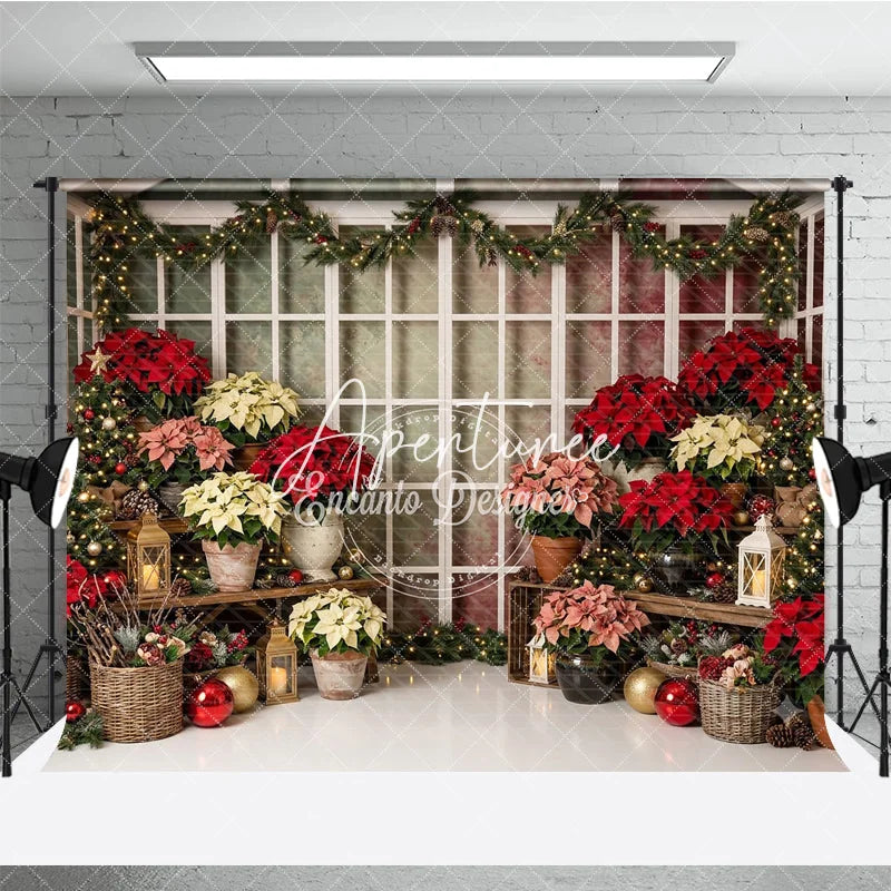 Aperturee - Aperturee Vibrant Poinsettia and Christmas Tree Holiday Backdrop Festive Winter Window Scene for Photography