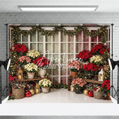 Aperturee - Aperturee Vibrant Poinsettia and Christmas Tree Holiday Backdrop Festive Winter Window Scene for Photography