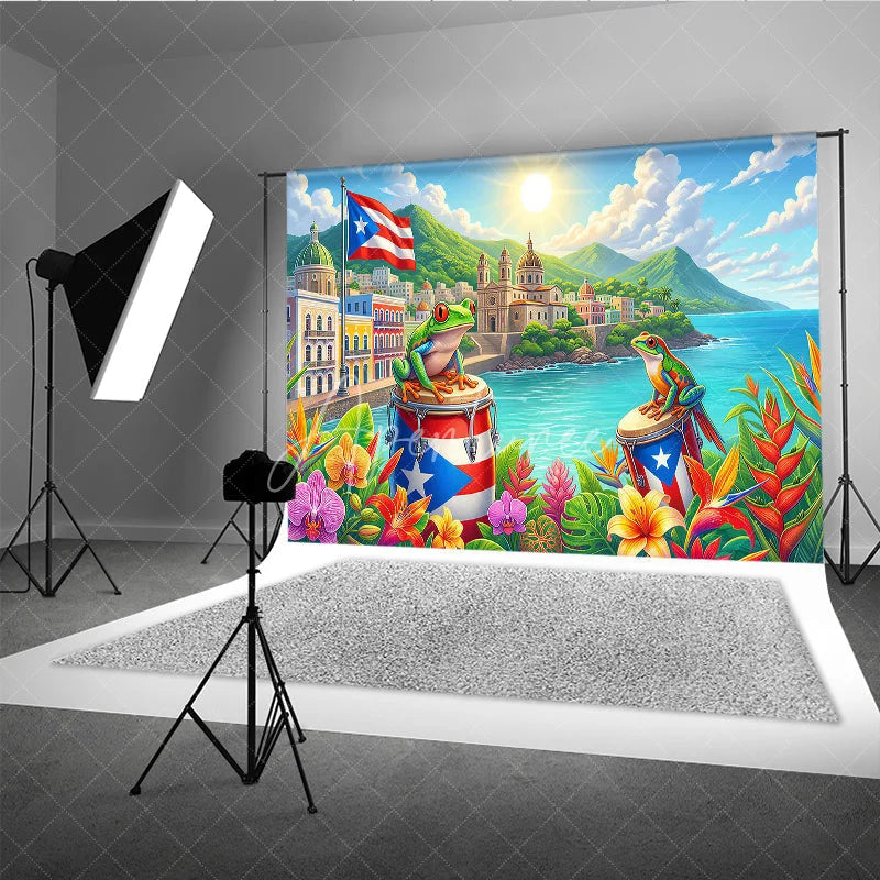 Aperturee - Aperturee Vibrant Puerto Rican Flag and Coqui Frogs Tropical Holiday Backdrop Caribbean Town Ocean Scenery Party Decor