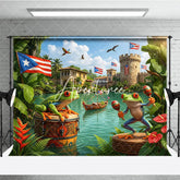 Aperturee - Aperturee Vibrant Puerto Rican Flag and Tree Frog Holiday Backdrop with Maracas Tropical Celebration Party Decor