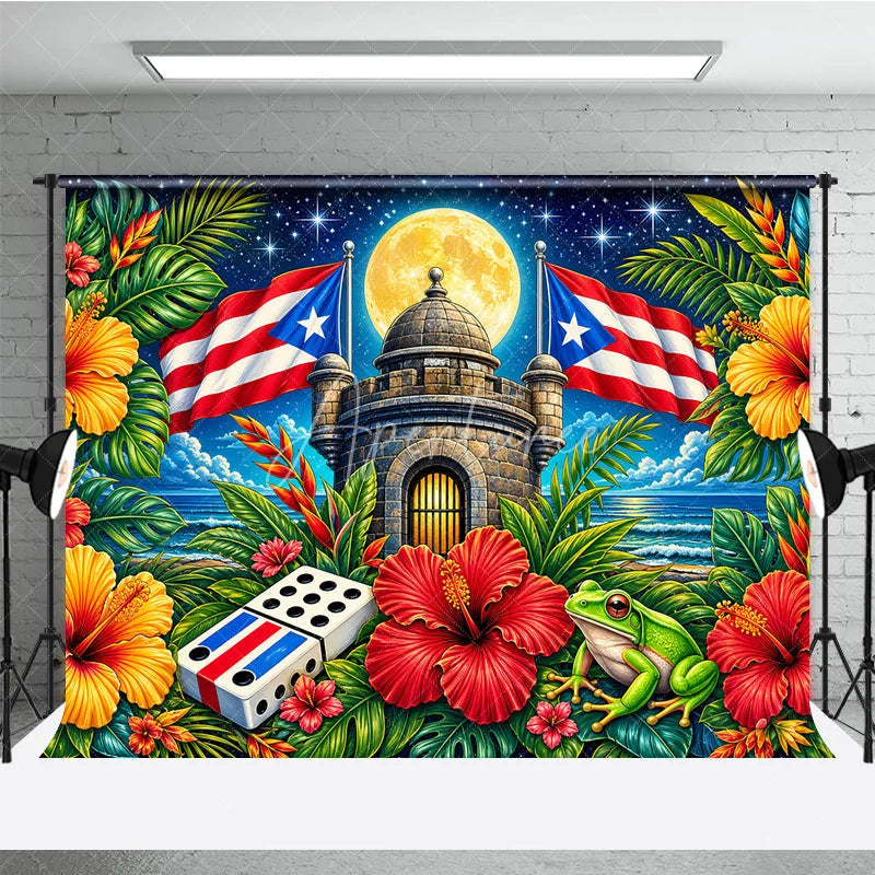 Aperturee - Aperturee Vibrant Puerto Rican Flag and Tropical Island Holiday Backdrop Full Moon Starry Night Celebration Party Decor