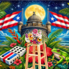 Aperturee - Aperturee Vibrant Puerto Rican Flag and Tropical Island Holiday Backdrop Full Moon Starry Night Celebration Party Decor