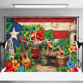 Aperturee - Aperturee Vibrant Puerto Rican Flag Holiday Backdrop with Coqui Frogs Tropical Flowers and Historic Architecture