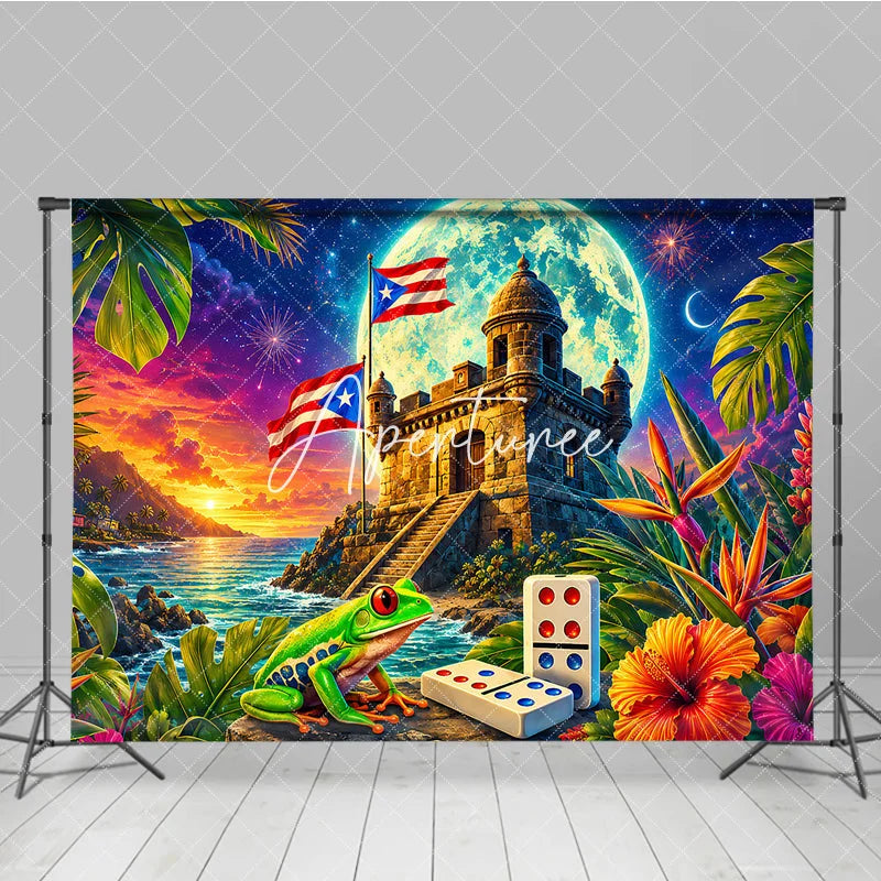 Aperturee - Aperturee Vibrant Puerto Rican Flag Holiday Backdrop with Tropical Fortress Sunset Starry Night and Festive Frog