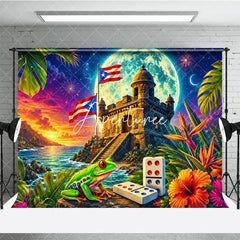 Aperturee - Aperturee Vibrant Puerto Rican Flag Holiday Backdrop with Tropical Fortress Sunset Starry Night and Festive Frog