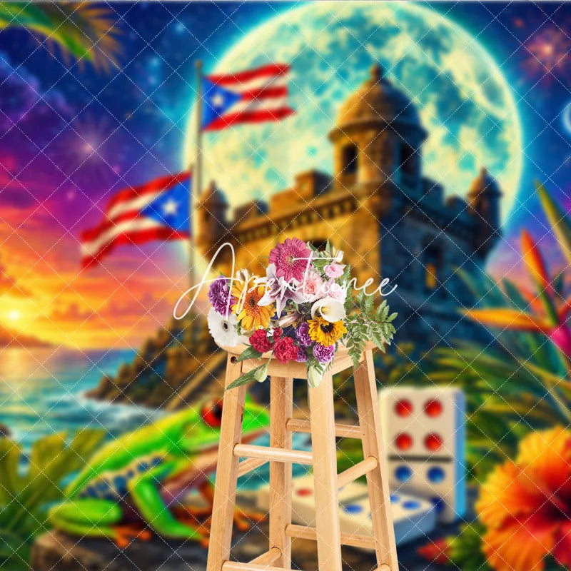 Aperturee - Aperturee Vibrant Puerto Rican Flag Holiday Backdrop with Tropical Fortress Sunset Starry Night and Festive Frog