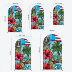 Aperturee - Aperturee Vibrant Puerto Rican Flag Round Top Arch Backdrop with Tropical Flowers Historic Tower and Island Cityscape