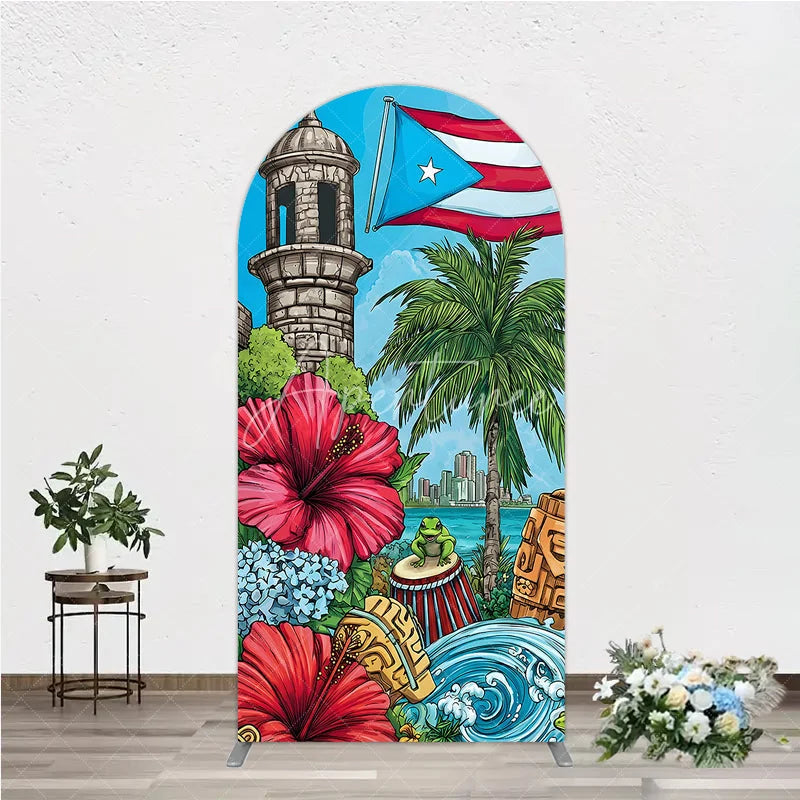 Aperturee - Aperturee Vibrant Puerto Rican Flag Round Top Arch Backdrop with Tropical Flowers Historic Tower and Island Cityscape