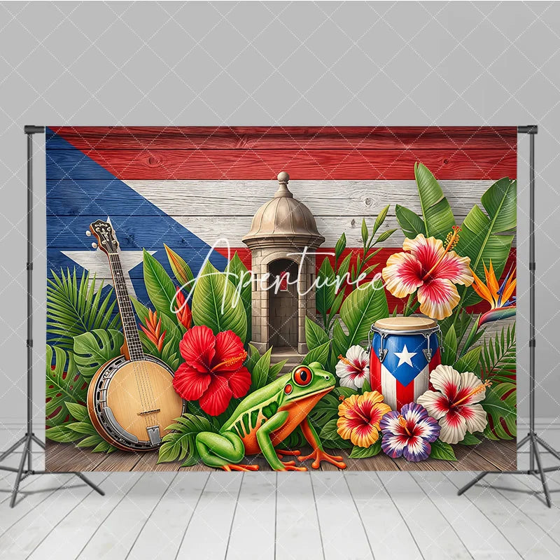 Aperturee - Aperturee Vibrant Puerto Rican Flag Tropical Holiday Backdrop with Lush Leaves Hibiscus Flowers Sentry Box and Coqui Frog