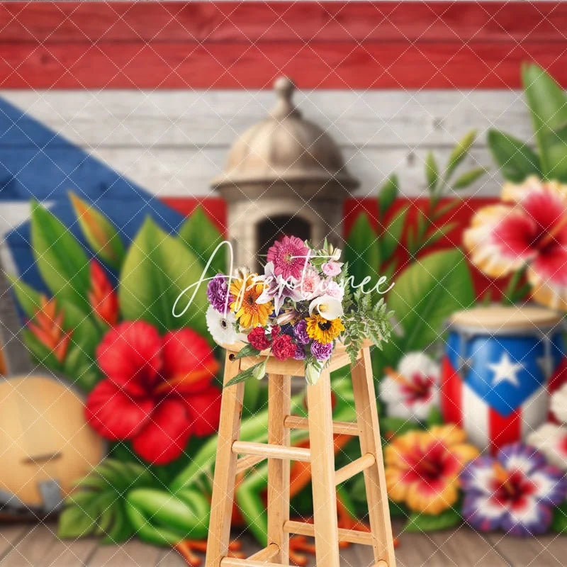 Aperturee - Aperturee Vibrant Puerto Rican Flag Tropical Holiday Backdrop with Lush Leaves Hibiscus Flowers Sentry Box and Coqui Frog