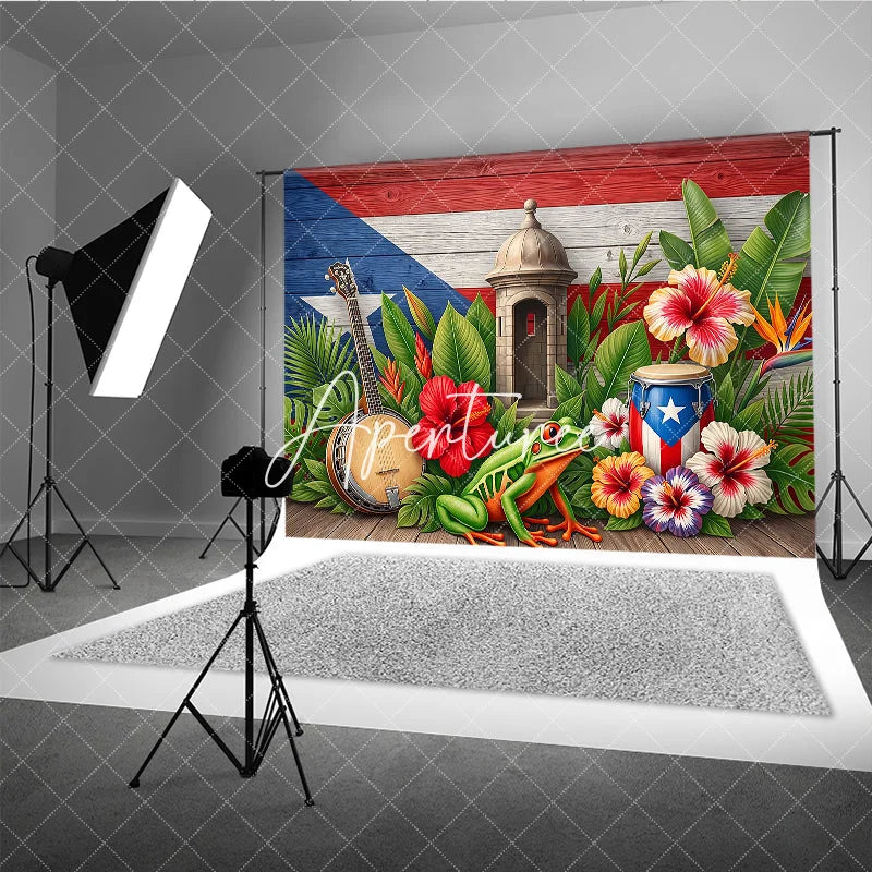 Aperturee - Aperturee Vibrant Puerto Rican Flag Tropical Holiday Backdrop with Lush Leaves Hibiscus Flowers Sentry Box and Coqui Frog
