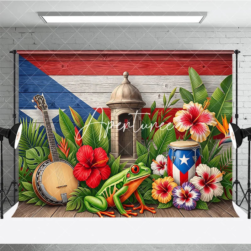 Aperturee - Aperturee Vibrant Puerto Rican Flag Tropical Holiday Backdrop with Lush Leaves Hibiscus Flowers Sentry Box and Coqui Frog