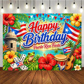 Aperturee - Aperturee Vibrant Puerto Rico Fiesta Happy Birthday Backdrop Tropical Ocean Flags and Cultural Celebration Decor