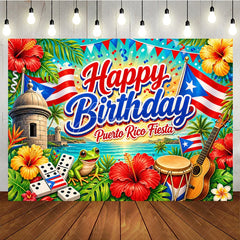 Aperturee - Aperturee Vibrant Puerto Rico Fiesta Happy Birthday Backdrop Tropical Ocean Flags and Cultural Celebration Decor