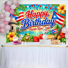Aperturee - Aperturee Vibrant Puerto Rico Fiesta Happy Birthday Backdrop Tropical Ocean Flags and Cultural Celebration Decor