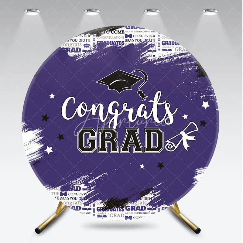 Aperturee - Aperturee Vibrant Purple and White Congrats Grad Round Backdrop with Graduation Cap and Diploma for Celebration Party Decor