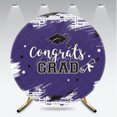 Aperturee - Aperturee Vibrant Purple and White Congrats Grad Round Backdrop with Graduation Cap and Diploma for Celebration Party Decor