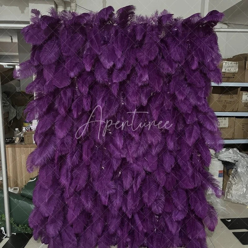 Aperturee - Aperturee Vibrant Purple Feather Textured Artificial Flower Wall Elegant Event Backdrop Party Decor