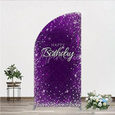 Aperturee - Aperturee Vibrant Purple Silver Glitter Happy Birthday Half Moon Arch Backdrop Elegant Celebration Party Decor