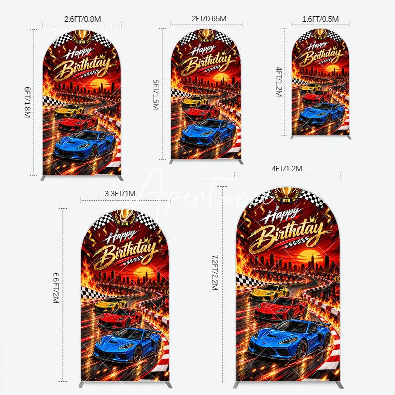 Aperturee - Aperturee Vibrant Racing Cars Happy Birthday Round Top Arch Backdrop featuring Checkered Flags and Golden Trophy