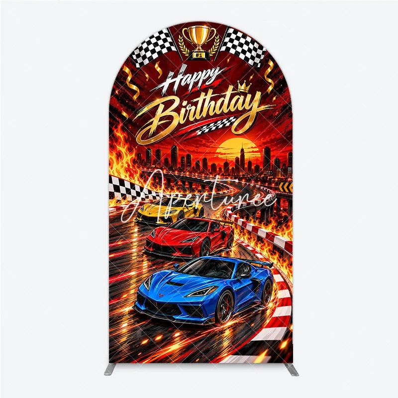 Aperturee - Aperturee Vibrant Racing Cars Happy Birthday Round Top Arch Backdrop featuring Checkered Flags and Golden Trophy