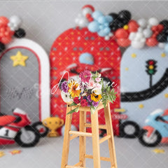 Aperturee - Aperturee Vibrant Racing Motorcycle Photography Backdrop with Arched Panels Balloons and Checkered Flags for Kids Birthday Party