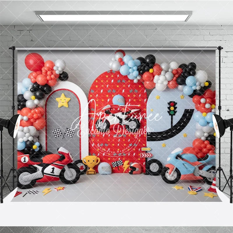 Aperturee - Aperturee Vibrant Racing Motorcycle Photography Backdrop with Arched Panels Balloons and Checkered Flags for Kids Birthday Party