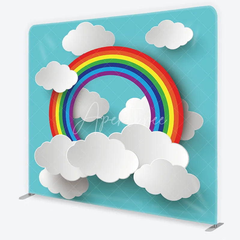 Aperturee - Aperturee Vibrant Rainbow and White Clouds Square Double-Sided Backdrop Cheerful Blue Sky Kids Birthday Party Decor