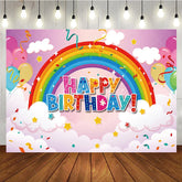 Aperturee - Aperturee Vibrant Rainbow Happy Birthday Backdrop with Colorful Balloons Fluffy Clouds and Twinkling Stars for Party Decor