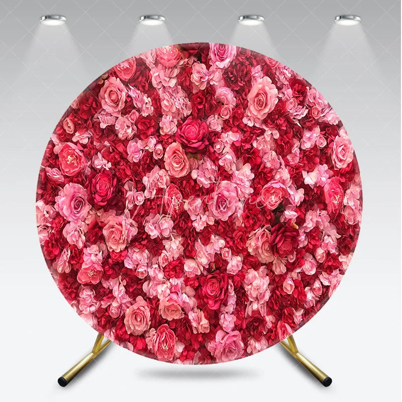 Aperturee - Aperturee Vibrant Red and Pink Floral Wall Round Backdrop Romantic Rose and Hydrangea Flower Decor for Weddings
